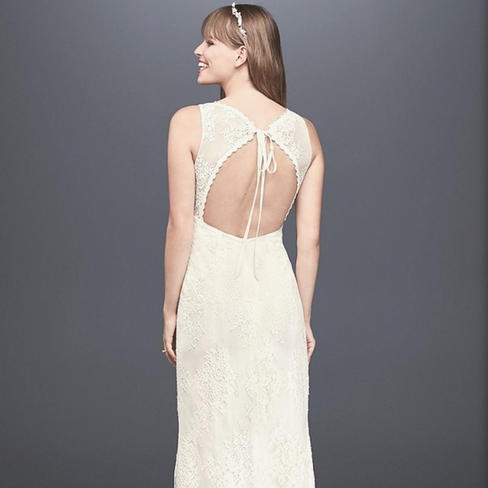 david's bridal white lace minimalist wedding dress size 8